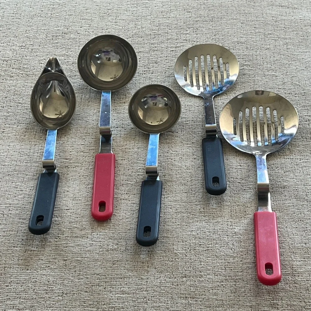 Stainless Steel Pot Hook Kitchen Utensil Set 5pc Ladle Slotted Spoons Red Black